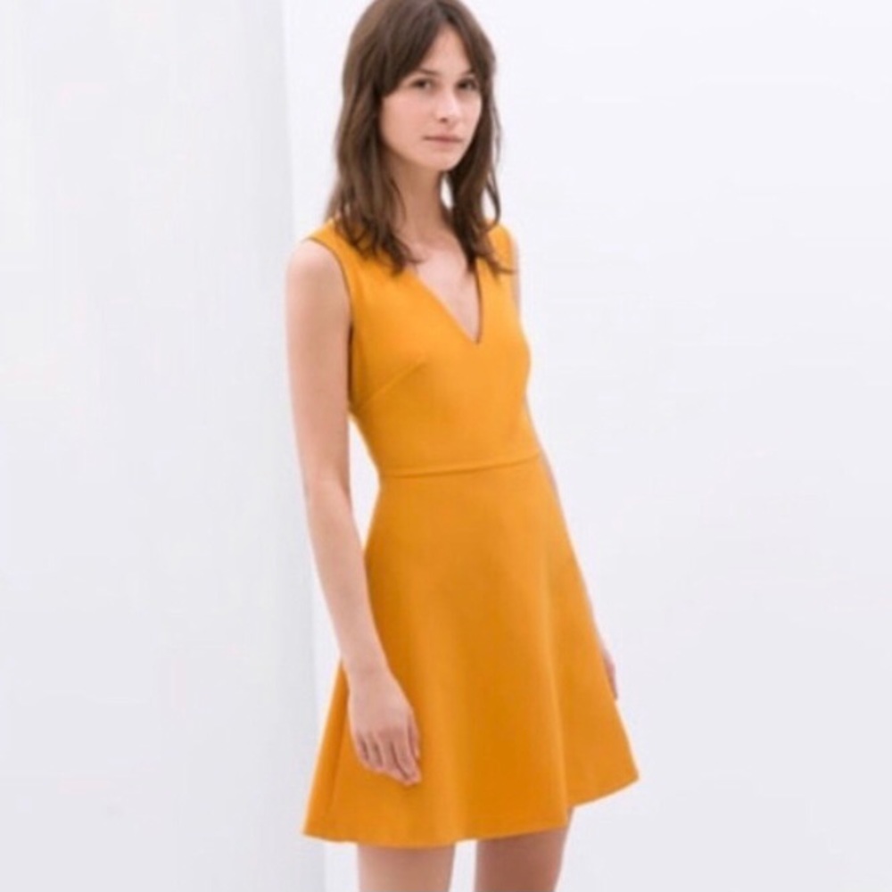 ZARA canary mustard yellow open back mini dress size XS
